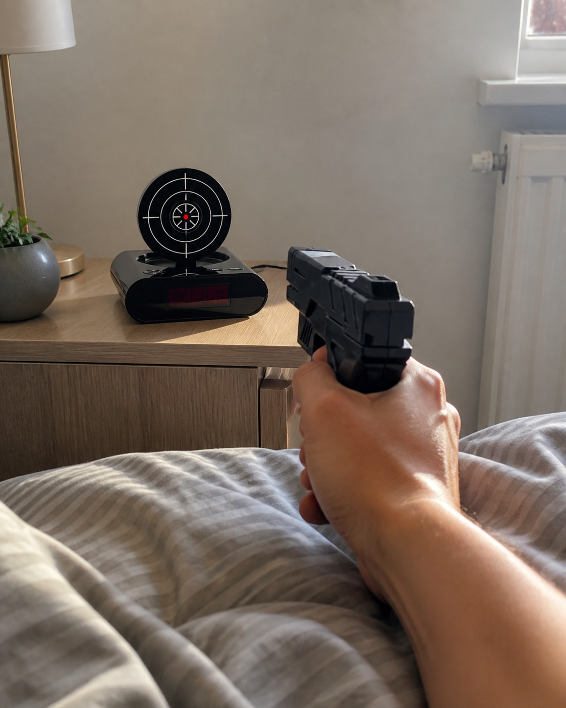 Shooting Alarm Clock target beside a bed
