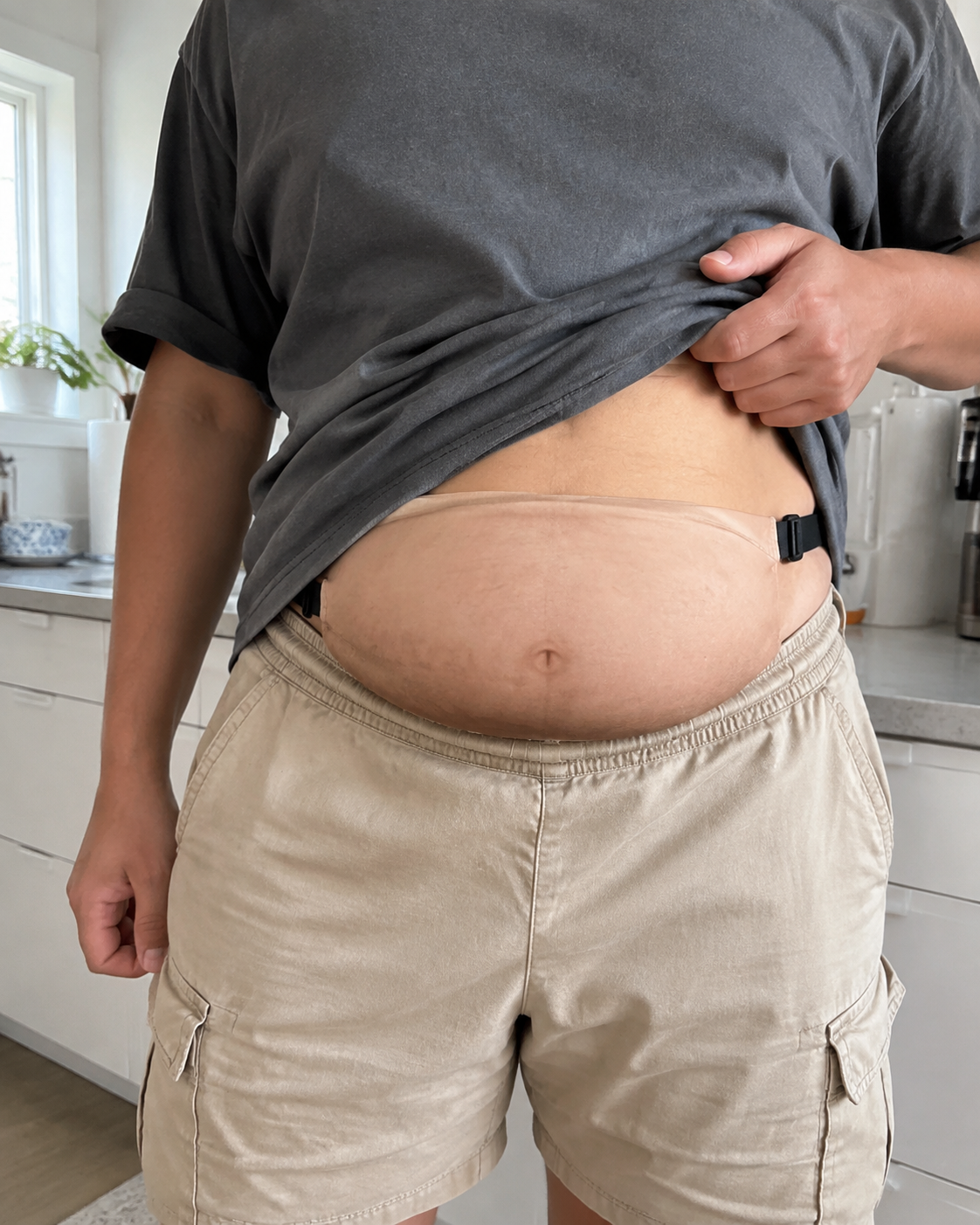 Person wearing BellyBuddy novelty belt bag at a barbecue