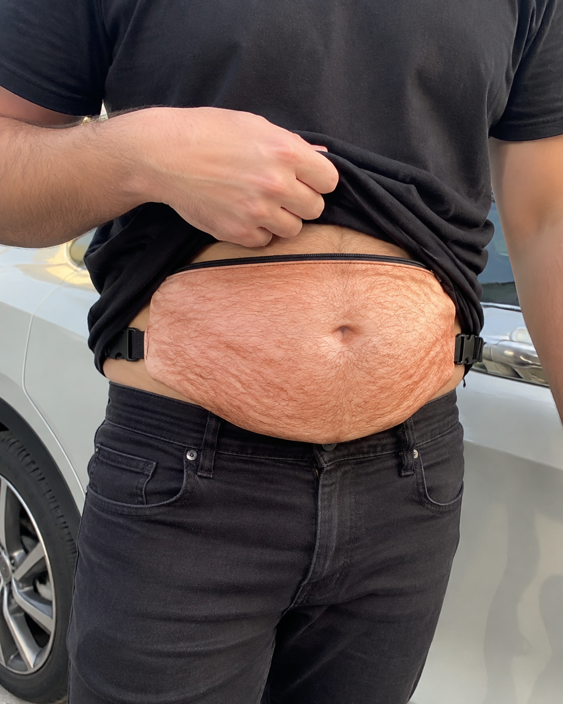 Person wearing BellyBuddy novelty belt bag at a costume party